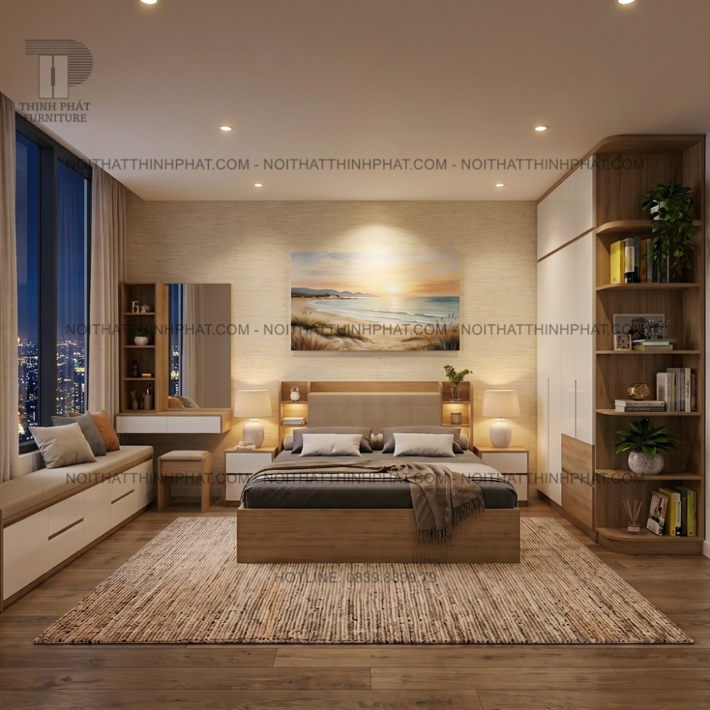 Combo Phòng Ngủ MDF Hiện Đại Tone Gỗ Sồi Phối Trắng Có Tủ Áo 2 Tầng Kèm Kệ Bo Góc Và Bàn Phấn Treo Tường - PN09